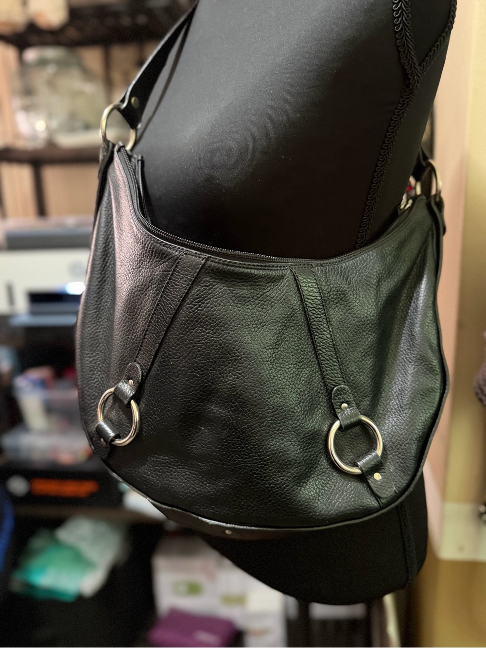 Black Leather Hobo Bag with Silver Ring Accents